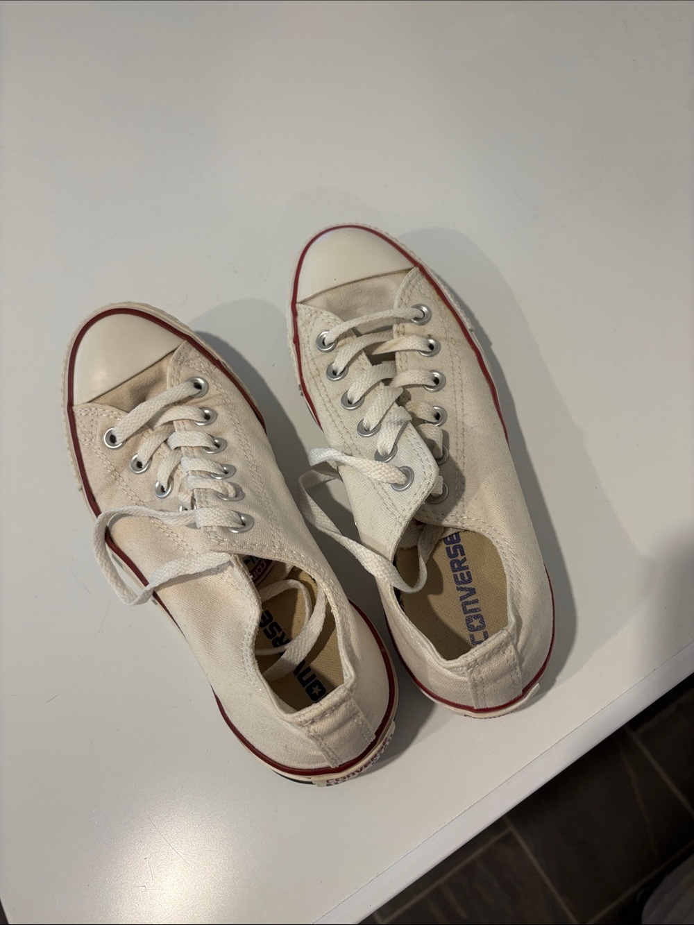 Converse Low Top Canvas Sneakers in Cream with Red Trim